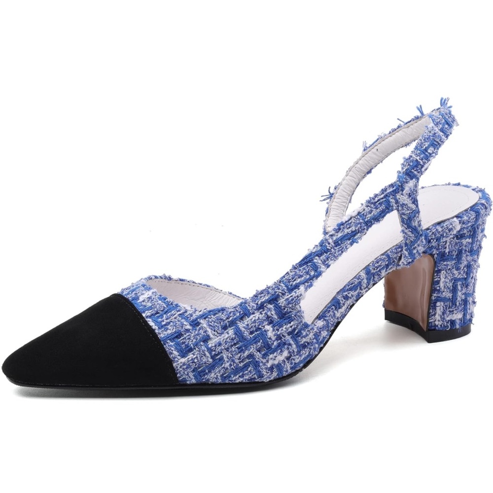 Trendy Black & Blue Tweed Two Tone Slingback Chunky Strap Heels Mult. Sizes New